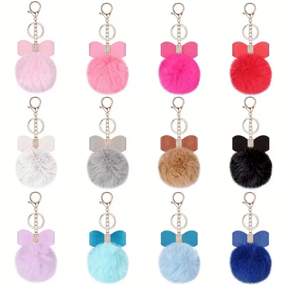 1pcs Random Pom-Pom with Bow & Rhinestone Keychains/Bag Charm- Soft Fluffy/Gold